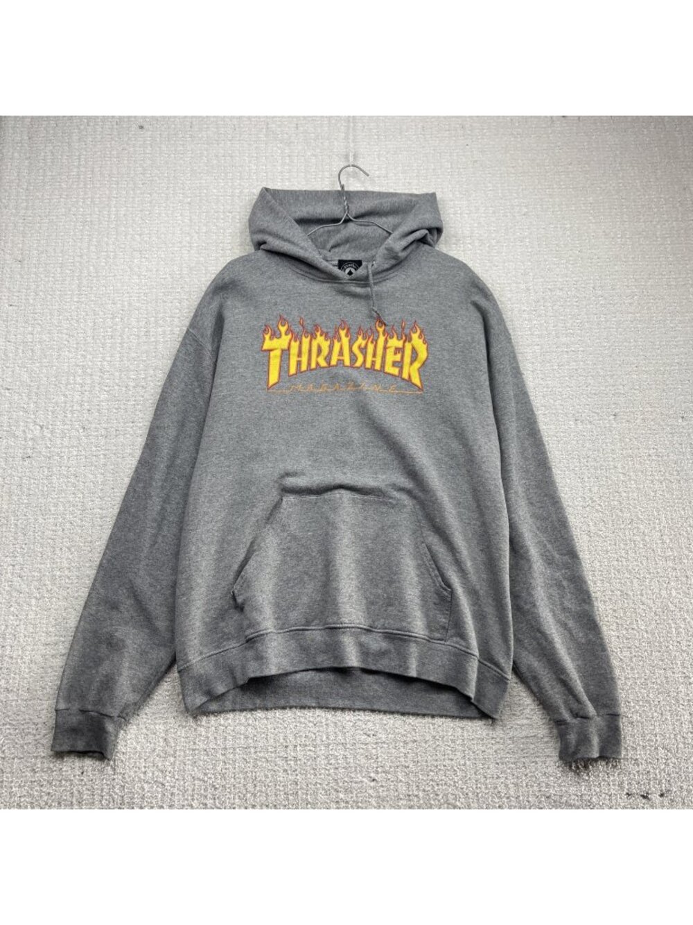 Y2K Thrasher Flame Logo Hoodie Mens L Gray Skateboarding Sweatshirt Pullover